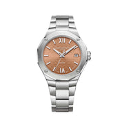 Quadrante color terracotta satinato con decoro a onde, numeri romani e indici rivettati rodiati rivestiti di Superluminova bianco dell'orologio Baume & Mercier Riviera 10764